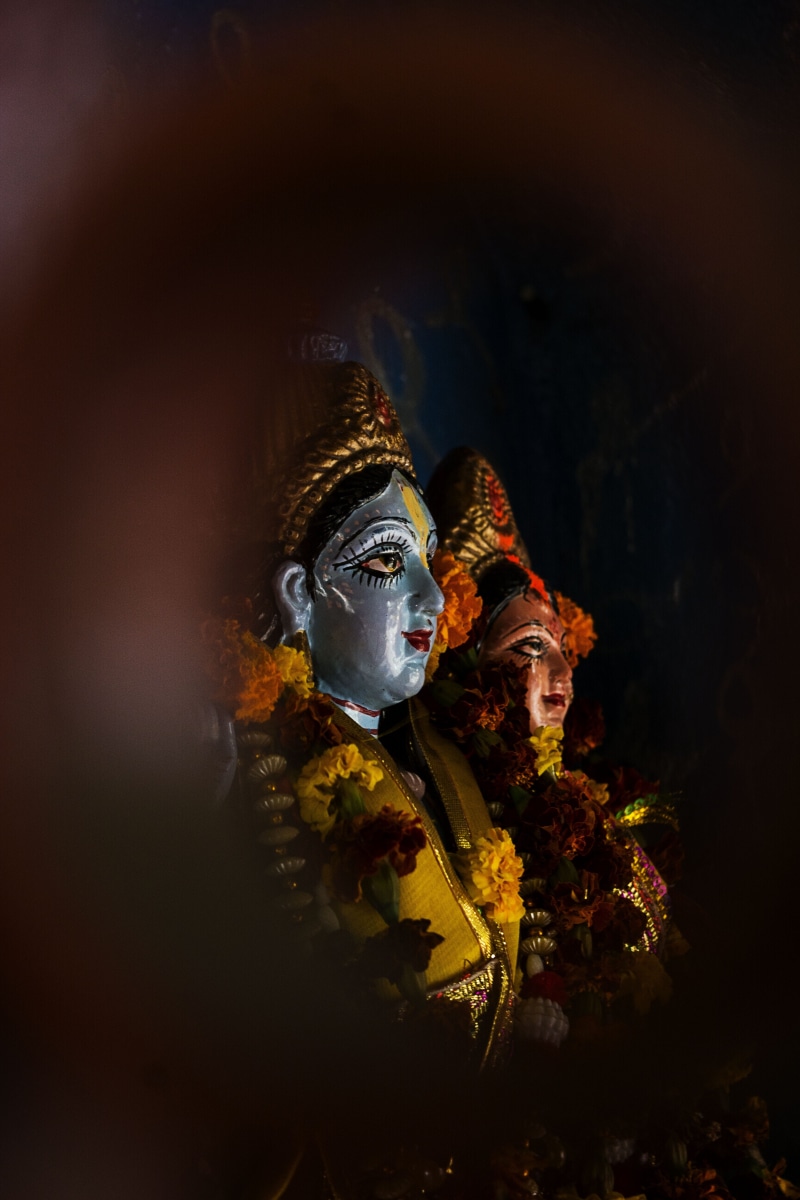 idol, sacred, wear, place of worship, religion, hindu, culture, veil, art and craft, representation, close-up, 5K, human representation, indoors, flowers