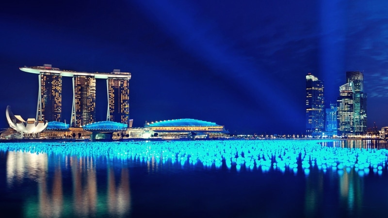 office building exterior, illuminated, lights, nature, Marina Bay, blue, sands, water, bay, marina, built structure, outdoors, building, reflection, waterfront
