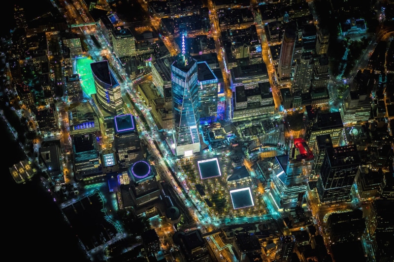 financial district, crowded, city life, tall - high, office building exterior, New York City, building, Manhattan, Vincent Laforet, nightlife, cityscape
