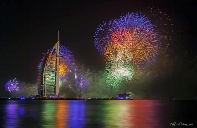 city, river, built structure, burj, firework display, celebration, no people, the hotel, 1080P, illuminated, Burj Al Arab, light, arts culture and entertainment
