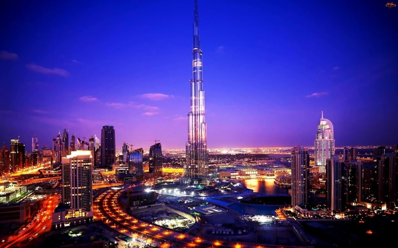 high angle view, architecture, Burj Khalifa, tower, United Arab Emirates, spire, building, 1080P, no people, tall - high, landscape, transportation, travel destinations