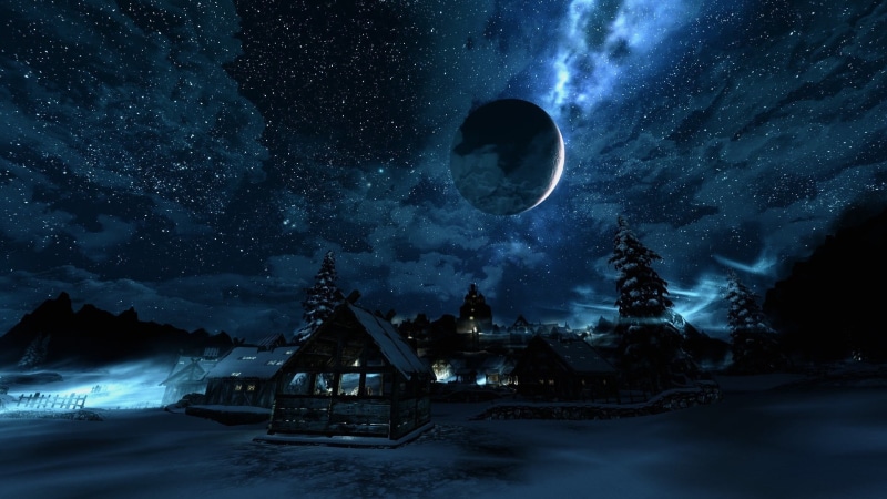 milky way, space, sky, night, 1080P, astronomy, space and astronomy, screen shot, built structure, full moon, village, moon, architecture, nature, moon surface