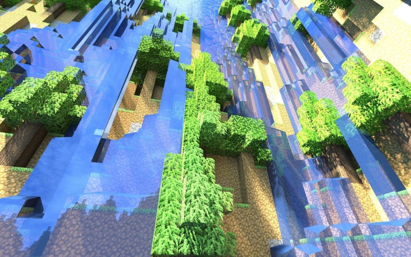screen shot, leaf, plant, green, day, Minecraft, render, waterfall, low angle view, city, leafed, 1080P, green color, plants, no people, sunlight, outdoors