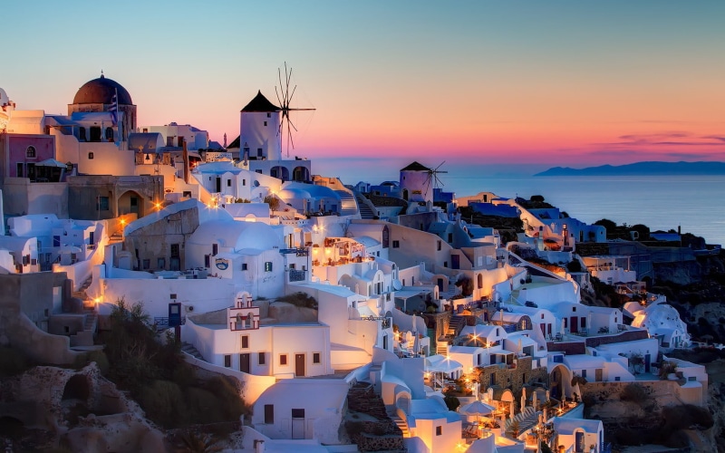 town, crowd, Greece, sunset, water, building, outdoors, residential district, dusk, sky, aerial, 1080P, travel, building exterior, photography, sea, landscape