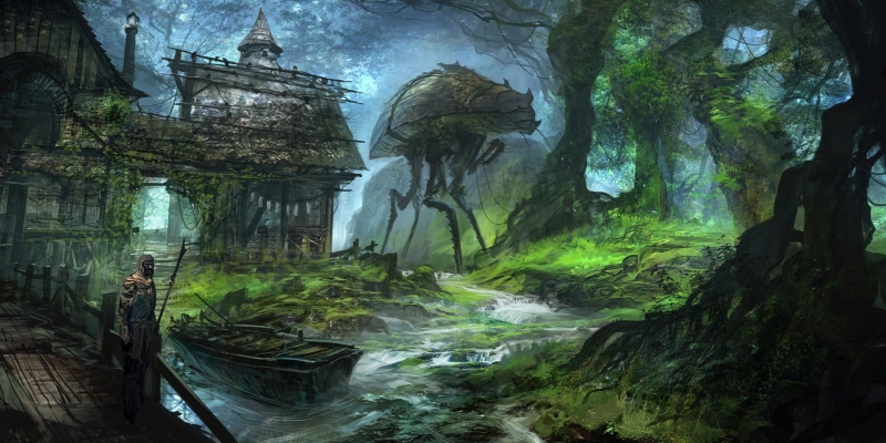 trees, drawing, fantasy art, concept art, forest, roots, The Elder Scrolls III: Morrowind, artwork, feng zhu, 1080P, river, lake, boat, video games