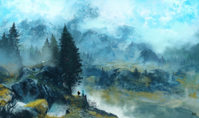 warrior, landscape, 4K, Amanieu Rebu, digital painting, The Elder Scrolls V: Skyrim, ArtStation, fan art, White Mountains, digital art, video game art