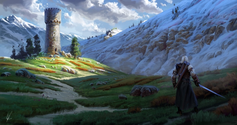 digital art, video games, artwork, sky, snow covered, The Witcher 3: Wild Hunt, mountains, sword, tower, clouds, landscape, White Mountains, fan art, drawing
