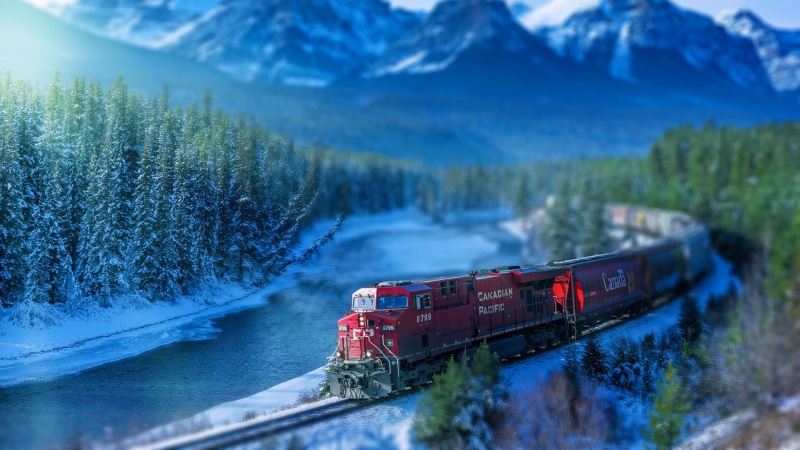 nature, canadian Rockies, scenics, motion, tilt shift, snowcapped mountain, banff, road, ice, mountain Range, 1080P, track, mountain, railroad Track, red