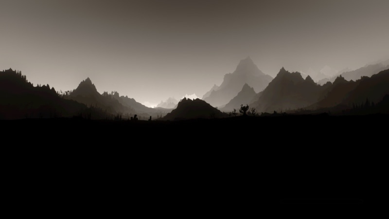 sky, panoramic, asia, beauty In Nature, non-urban scene, no people, The Elder Scrolls V: Skyrim, monochrome, mountain Peak, environment, morning, cultures