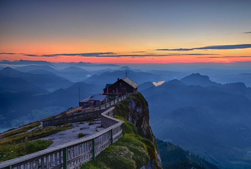blue, house, Nikon, mountain, Alpen, dawn, outdoors, Sunset  brown, alps, landscape, 4K, lee, Österreich, evening, Berge, orange, view, brown house, cliffs