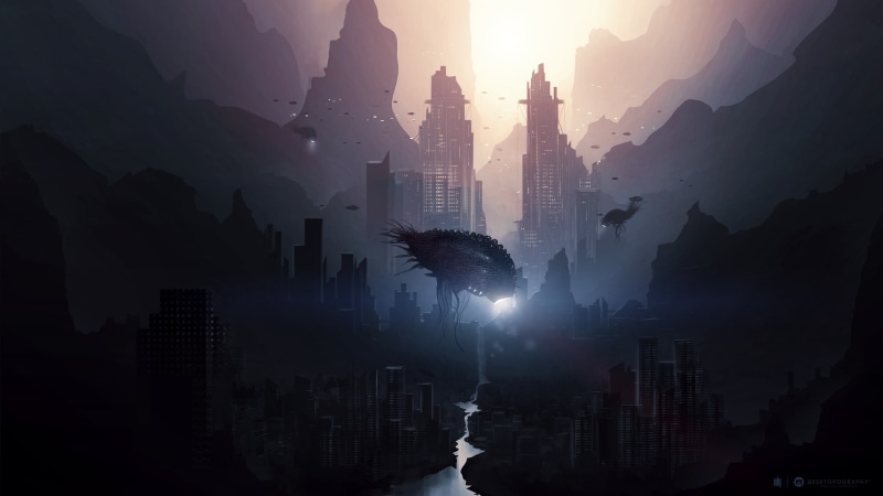 building Exterior, digital art, travel, asia, urban Scene, urban Skyline, mountain, office building exterior, famous Place, fog, sky, sunset, fantasy art