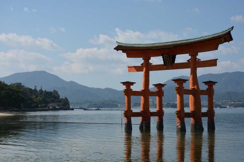 beauty in nature, water, asia, miyajima, arch, lake, mountain, religion, tranquility, tranquil scene, body, day, scenics - nature, japan sankei, sky, shrine