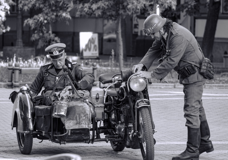 helmet, street, transportation, man, history, german, standing, battle, infantry, photo, military, males, outdoors, mature men, near, riding, soldier, wwii