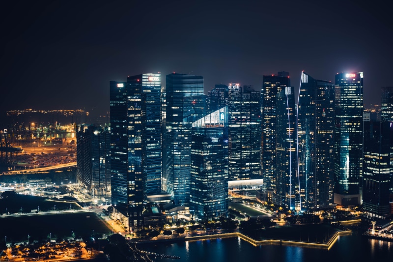 high Angle View, traffic, outdoors, building, office Building, harbor, city, travel, street, panoramic, tall - high, twilight, finance, night city, skyscraper