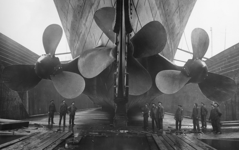 dock, Titanic, ship, propeller, 1080P, photography, monochrome, Belfast, workers, vintage