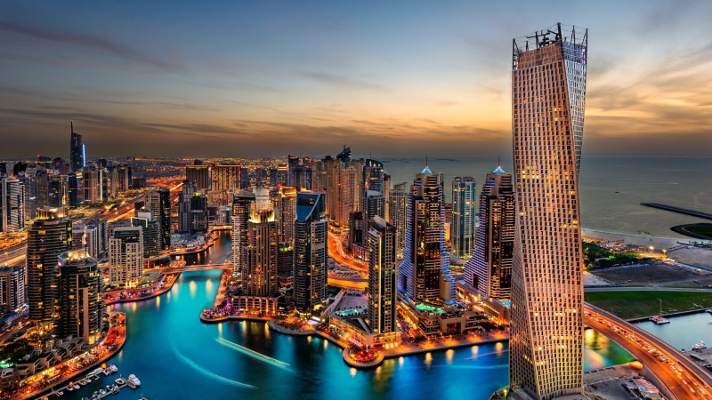 city, view, night, skyline, 1080P, skyscrapers, photography, dubai, sky, sea, night view