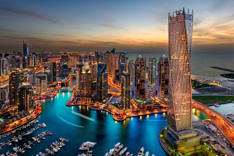 skyscrapers, night, dubai, buildings, 5K, uae