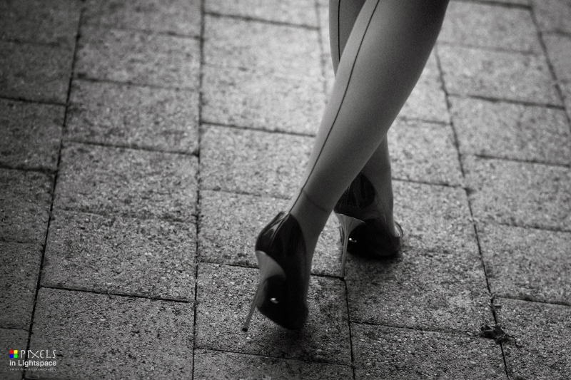 body part, legs, adult, human foot, stockings, footpath, 1080P, tiled floor, high heels, standing, human body part, low section, walking, monochrome, human leg