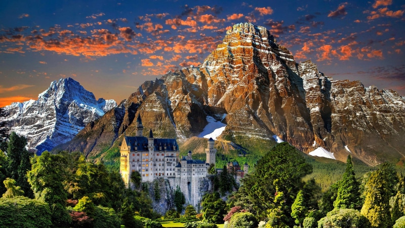 old, architecture, tower, 1080P, mountain, house, sun, europe, clouds, palace, valley, landmark, famous, canyon, water, sky, tourism, rock, outdoor, tourist