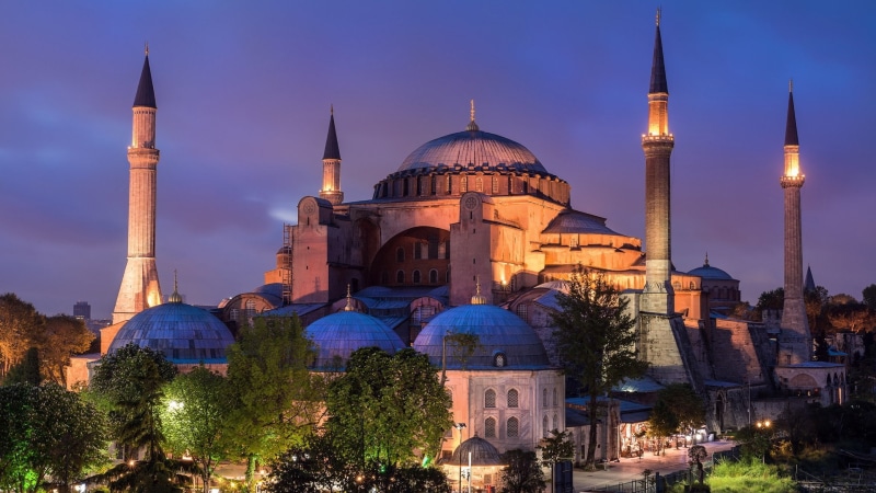 night, 1080P, dome, istanbul, turkey, mosque, unesco world heritage site, hagia sophia, place of worship, tourist attraction, evening, byzantine architecture