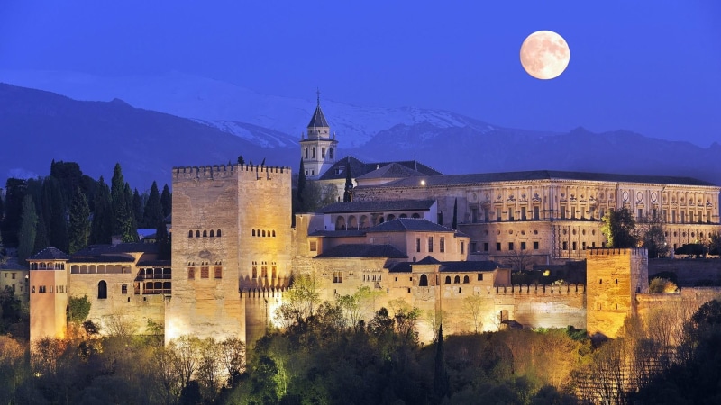 night sky, medieval architecture, alhambra, tourist attraction, tree, ancient history, building, city, travel destinations, plant, no people, europe, architecture