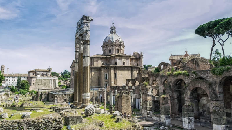 sky, spirituality, ancient rome, daytime, the past, building, tourist attraction, religion, architectural column, ancient history, ancient, place of worship