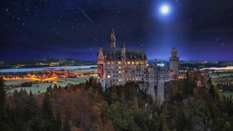 neuschwanstein castle, no people, tourist attraction, place of worship, starry night, landmark, schwangau, astronomy, moon, town, europe, germany, water