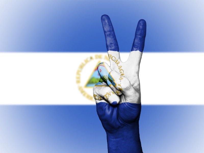 flag, blue background, peace, human finger, body part, nation, travel, adults only, creativity, studio shot, people, nicaragua, banner, close-up, healthcare and medicine