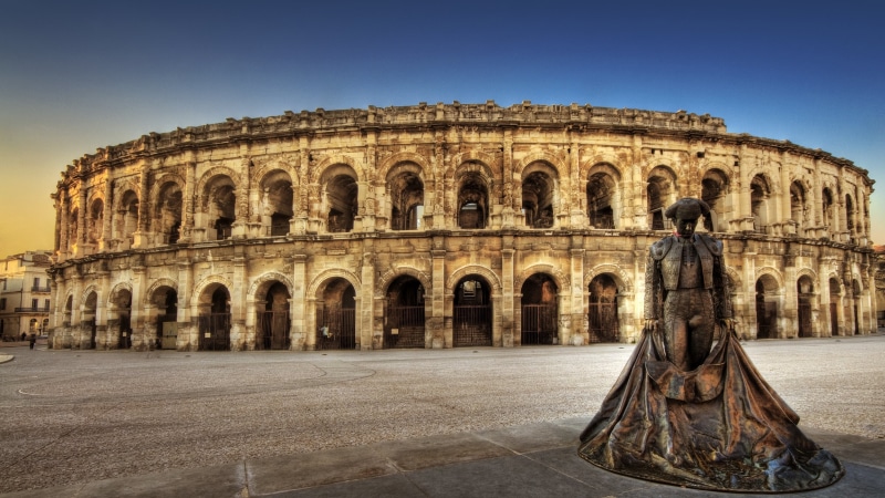 landmark, sky, bronze statue, matador, ancient history, nimes, amphitheatre, europe, arena, amphitheater, city, nimes arena, statue, monument, sculpture