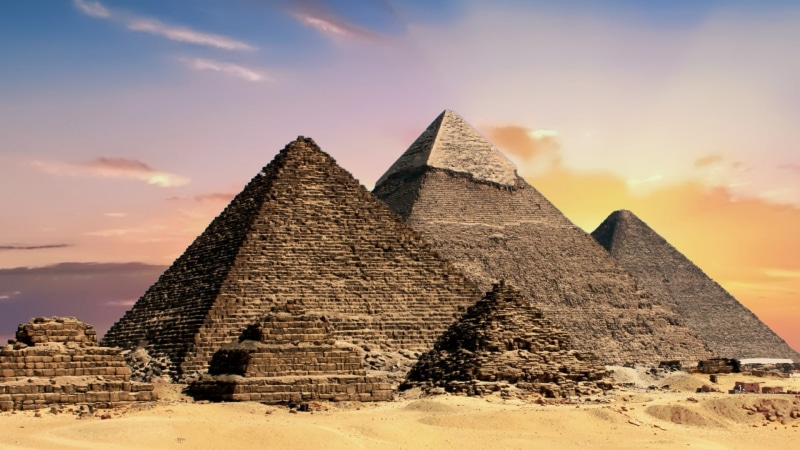 great pyramids, cloud - sky, ancient, sunset, sky, building exterior, travel destinations, landscape, archaeology, landmark, old, giza, sand, land, 1080P