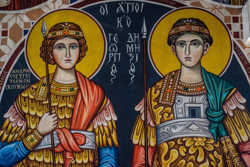 female likeness, place of worship, belief, christianity, mural, representation, orthodox, saint, st george and st demetrius, male likeness, pattern, building