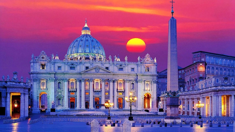 rome, vatican city, st peter square, pink sunset, building, city, basilica, 1080P, tourist attraction, sunset, europe, sky, italy, vatican, tourism, st peter basilica