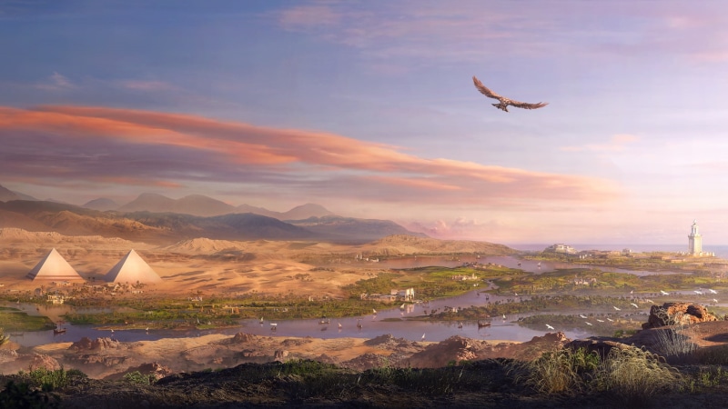 1080P, mountain, animal themes, nature, cityscape, Assassins Creed: Origins, landscape, one animal, river, bird, no people, Egypt, flying, beauty in nature