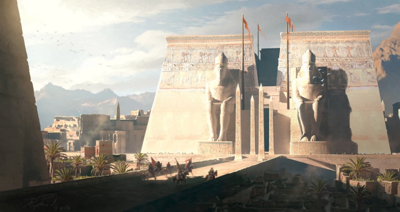 digital art, outdoors, building, Assassins Creed, sunlight, travel, nature, Egypt, building exterior, history, 1080P, cloud - sky, landscape, artwork