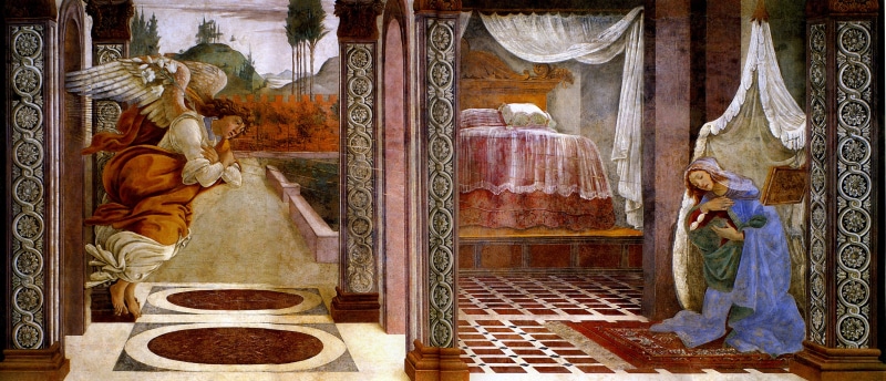 picture, 2K, Sandro Botticelli, The Annunciation, angel, mythology, religion