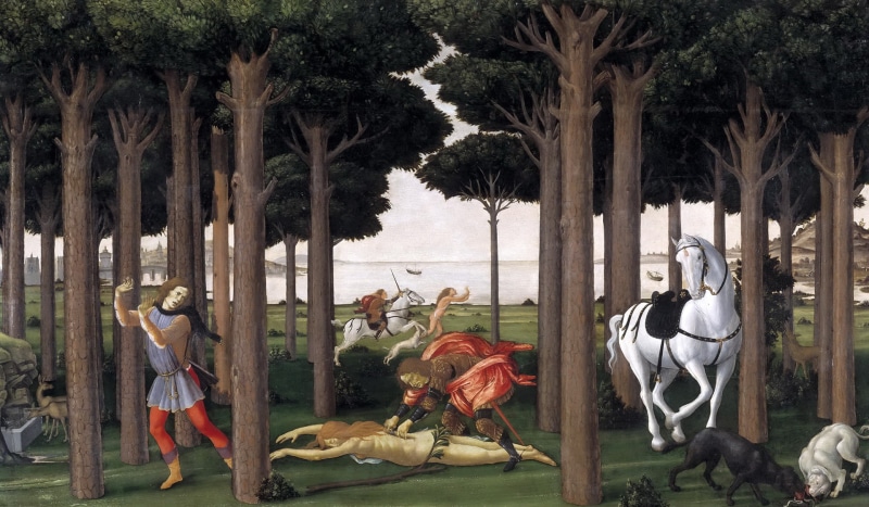 1080P, picture, mythology, History Nastagio Degli Onesti (II), mountains, dog, Sandro Botticelli, genre, sea, horse, trees, people