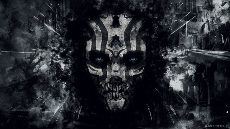 adult, skull, Prince of Persia: Warrior Within, horror, portrait, digital composite, looking at camera, fantasy art, 1080P, real people, gray, multiple exposure