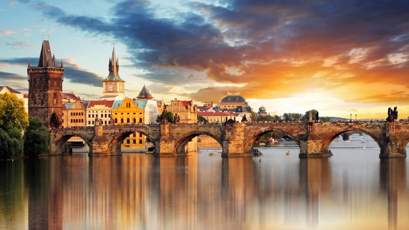 charles bridge, sky, europe, bridge, landmark, water, prague, city, river, tourist attraction, 4K, reflection, tourism, czech republic, cityscape