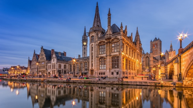 waterfront, religion, tourist attraction, belgium, gent, building exterior, landmark, government, plaza, cityscape, building, reflection, built structure