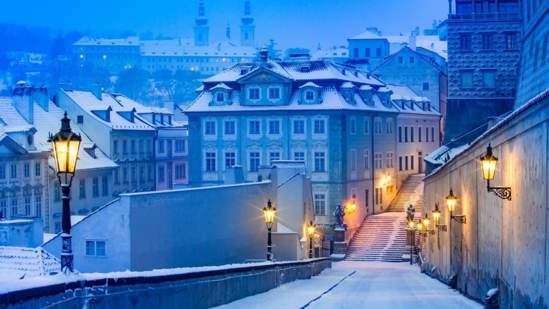 town, nature, illuminated, lighting equipment, twilight, winter, landmark, tourism, europe, snowing, light, czech republic, no people, downtown, architecture