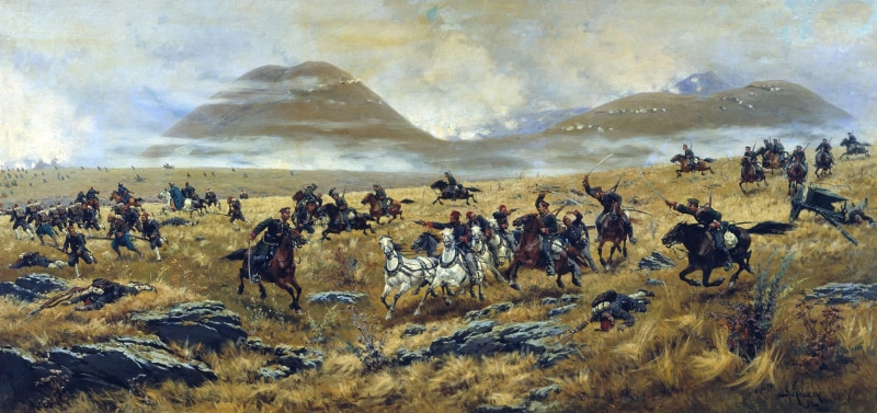 landscape, soldiers, artist, people, sky, animals In The Wild, large Group Of Animals, painting, fighting, Cossacks, animal, grass, Russian, mammal, herd