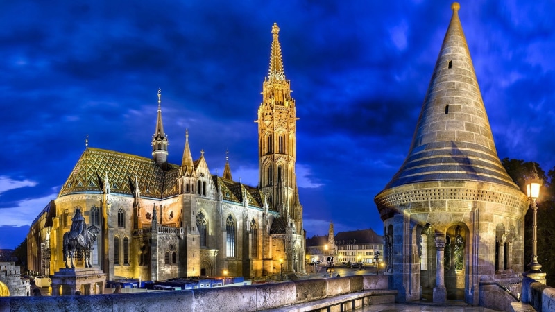 city, religion, blue, no people, sky, gothic style, trees, architecture, built structure, tourism, the past, statue, Budapest, lights, dusk, cityscape