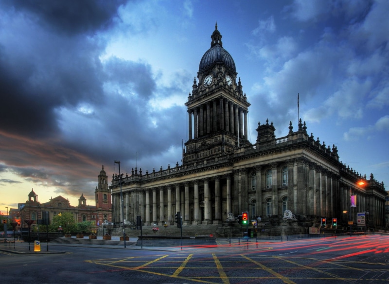 transportation, tourism, white, sky, UK, city, road, built structure, road marking, old building, architecture, Leeds, city hall, light trails, town square