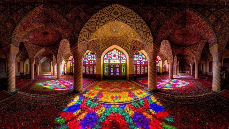 Islamic architecture, architecture, 1080P, interior, Nasir al-Mulk Mosque, arch, detailed, Iran, colorful, mosque