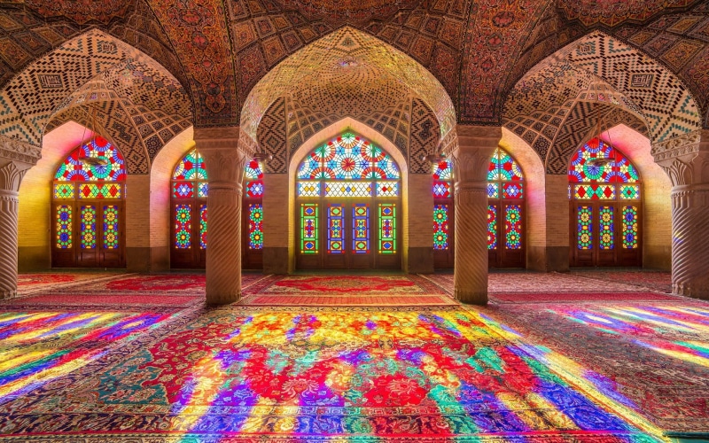 Nasir al, 1080P, Islamic Architecture, Mosque, Mulk Mosque, Colorful, Indoors, Stained Glass, Column, architecture, Arch