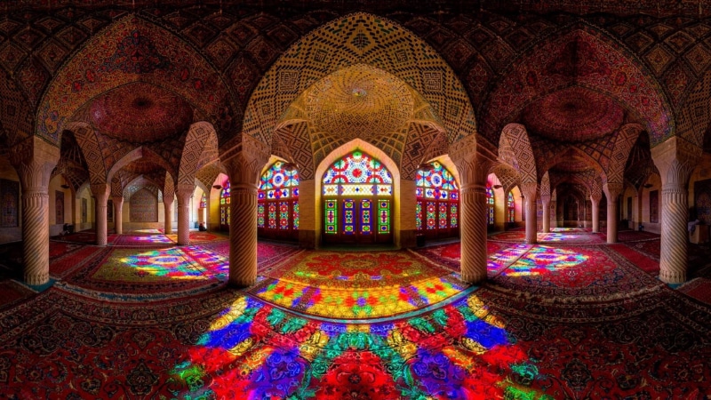 photo, shiraz, panorama, lights, photography, 1080P, mosque, symmetry, iran, colored lights, stained glasses, fisheye, pink mosque