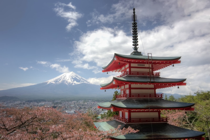 Mount Fuji, built structure, belief, place of worship, spirituality, mountain, the volcano, travel, Fujiyoshida, pagoda, religion, cloud - sky, beauty in nature