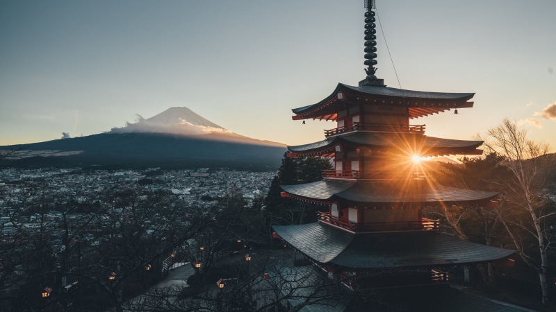 pagoda, 1080P, cityscape, sunlight, architecture, mountains, Japan, optical flares, Fuji, volcano, landscape