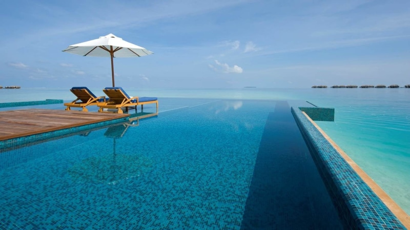 landscape, tranquil scene, water, luxury, outdoor, scenics - nature, wooden, tourist resort, tranquility, tropical, two, day, no people, turquoise colored