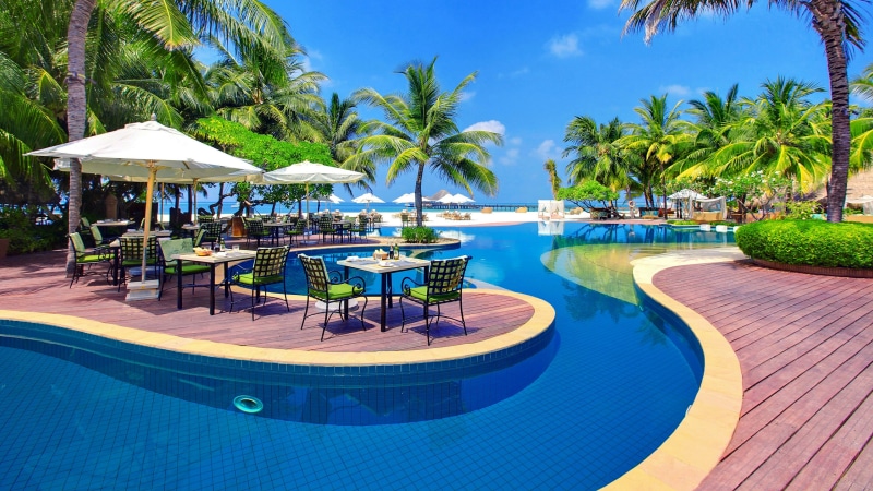 4K, tropics, tree, leisure, swimming pool, kanuhura, resort, recreation, vacation, palm tree, tourism, maldives, estate, resort town, summer, real estate